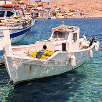 Buy canvas prints of Halki Greek Island White Boat by Antony McAulay