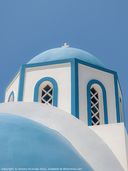 Santorini Blue Domed Church at Kamari Picture Board by Antony McAulay