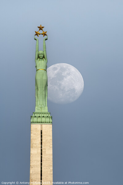 Riga Freedom Monument at Moonrise Picture Board by Antony McAulay