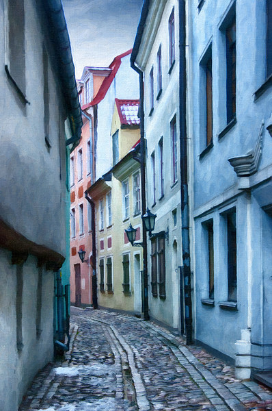 Riga Narrow Street Painting Picture Board by Antony McAulay