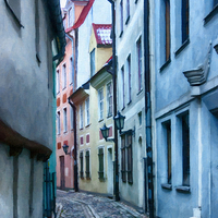 Buy canvas prints of Riga Narrow Street Painting by Antony McAulay