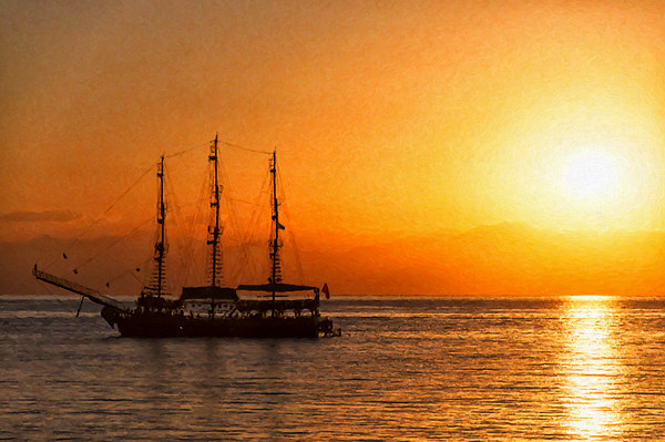 Sunset Silhouette Ship Digital Painting Picture Board by Antony McAulay