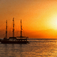 Buy canvas prints of Sunset Silhouette Ship Digital Painting by Antony McAulay
