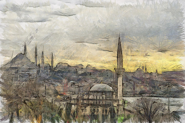 Istanbul Cityscape Digital Drawing Picture Board by Antony McAulay