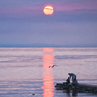 Buy canvas prints of Family Fishing Sunset Digital Painting by Antony McAulay