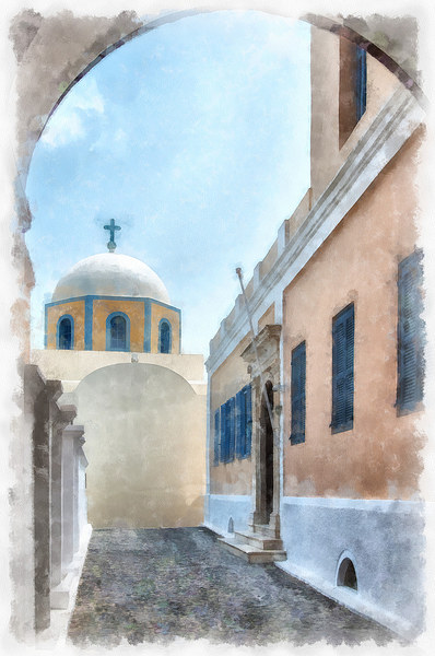 Fira catholic cathedral digital watercolor paintin Picture Board by Antony McAulay