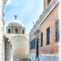 Buy canvas prints of Fira catholic cathedral digital watercolor paintin by Antony McAulay