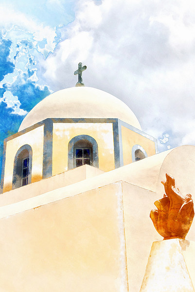 Fira catholic cathedral digital watercolour painti Picture Board by Antony McAulay