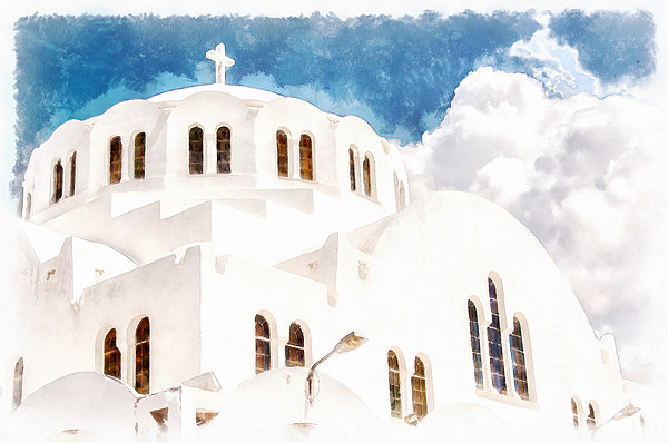 Fira Orthodox Metropolitan cathedral digital water Picture Board by Antony McAulay