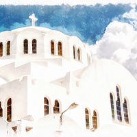Buy canvas prints of Fira Orthodox Metropolitan cathedral digital water by Antony McAulay