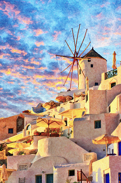Santorini Windmill at Oia Digital Painting Picture Board by Antony McAulay