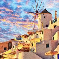 Buy canvas prints of Santorini Windmill at Oia Digital Painting by Antony McAulay