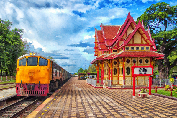 Hua Hin Train Station Digital Painting Picture Board by Antony McAulay