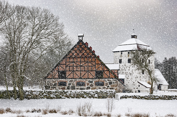 Hovdala Castle Gatehouse and Stables in Winter Picture Board by Antony McAulay