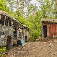Buy canvas prints of Wrecked Bus in Car Graveyard by Antony McAulay