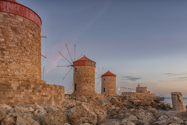 Rhodes Fort of St Nicholas and Windmills Picture Board by Antony McAulay