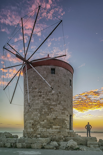 Rhodes Windmill and Sunrise Watcher Picture Board by Antony McAulay