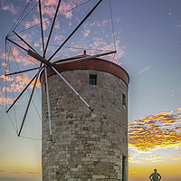 Buy canvas prints of Rhodes Windmill and Sunrise Watcher by Antony McAulay