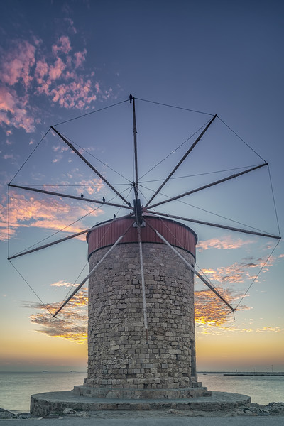 Rhodes Windmill at Sunrise Picture Board by Antony McAulay