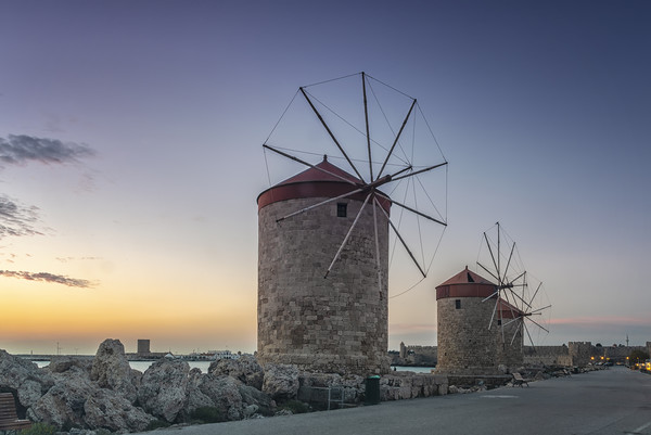 Rhodes Windmills at Sunrise Picture Board by Antony McAulay