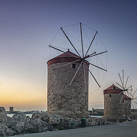 Buy canvas prints of Rhodes Windmills at Sunrise by Antony McAulay