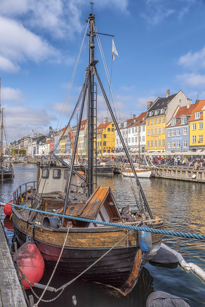 Copenhagen Nyhavn Foreground Fishing Boat Picture Board by Antony McAulay