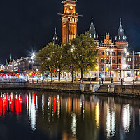 Buy canvas prints of Helsingborg Town Hall Nightime With Reflection by Antony McAulay