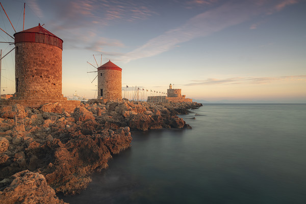 Rhodes Windmills and Fort at Sunrise Picture Board by Antony McAulay