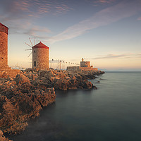 Buy canvas prints of Rhodes Windmills and Fort at Sunrise by Antony McAulay