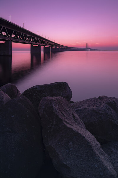 Oresunds Bridge and Rocky Shore at Sunset Picture Board by Antony McAulay