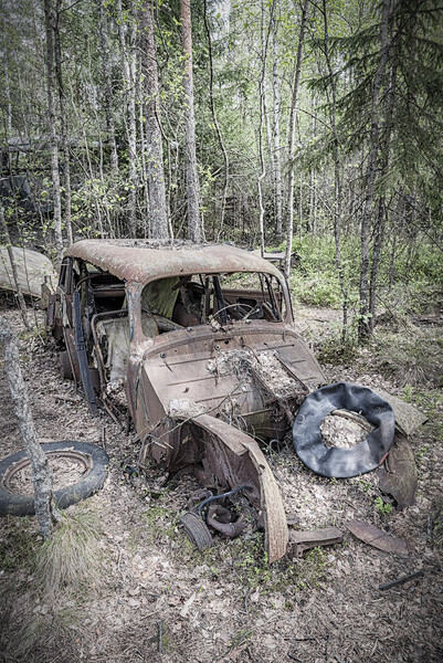 Kirkoe Mosse Bilkyrkogard Rusty Car Picture Board by Antony McAulay