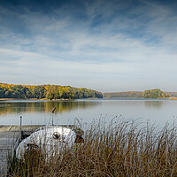 Buy canvas prints of Autumn Lake Panorama at Pier by Antony McAulay