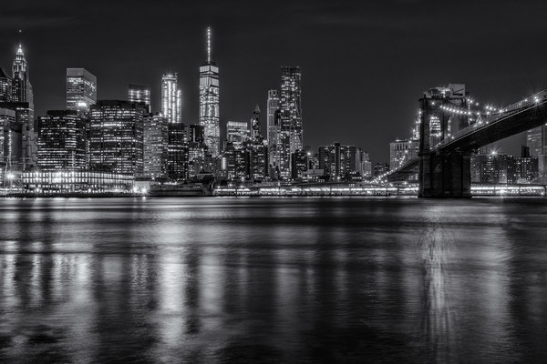 New York Skyline & Brooklyn Bridge Black & White Picture Board by Chris Curry