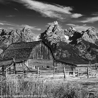 Buy canvas prints of John Moulton Barn and Tetons - Classic Black and White by Stephen Stookey