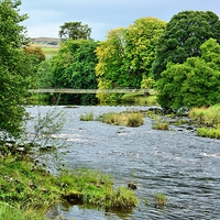 Buy canvas prints of  River Wharfe with Suspension Bridge  by Gisela Scheffbuch
