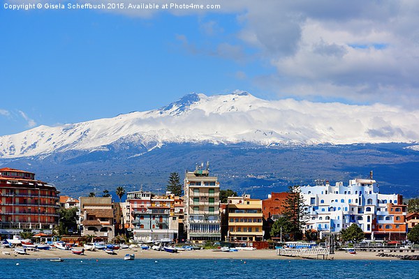  Mount Etna above Giardini Naxos Picture Board by Gisela Scheffbuch