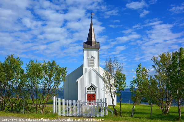 White Norwegian Village Church Picture Board by Gisela Scheffbuch