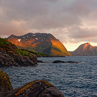 Buy canvas prints of The Mountains of Senja in the Midnight Sun by Gisela Scheffbuch
