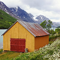 Buy canvas prints of Boat House on Kjosen Fjord by Gisela Scheffbuch