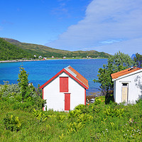 Buy canvas prints of Fjordside Cabins by Gisela Scheffbuch