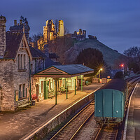Buy canvas prints of Corfe village station at night  by Shaun Jacobs