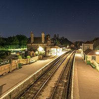 Buy canvas prints of Corfe castle train station by night  by Shaun Jacobs