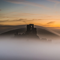 Buy canvas prints of Corfe Castle on a foggy morning  by Shaun Jacobs