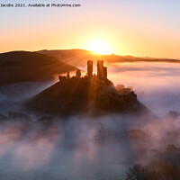 Buy canvas prints of Corfe castle sun burst cloud inversion  by Shaun Jacobs