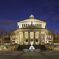 Buy canvas prints of Gendarmenmarkt at night panorama, Berlin, Germany by Julie Woodhouse