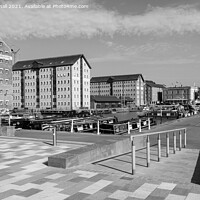 Buy canvas prints of Victoria Dock in Gloucester Docks Black and White by Pearl Bucknall