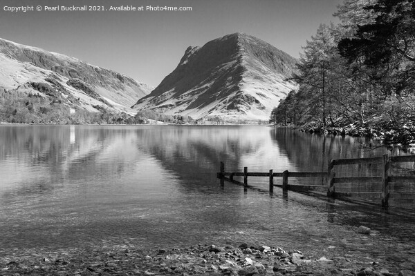 Buttermere Reflections Lake District monochrome Picture Board by Pearl Bucknall