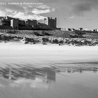 Buy canvas prints of Bamburgh Castle and Beach Northumberland Mono by Pearl Bucknall