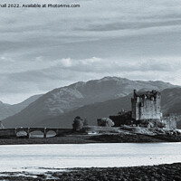 Buy canvas prints of Eilean Donan Castle Scotland B&W Oil Painting by Pearl Bucknall