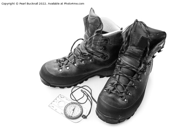 Hiking Boots and Compass Black and White Picture Board by Pearl Bucknall